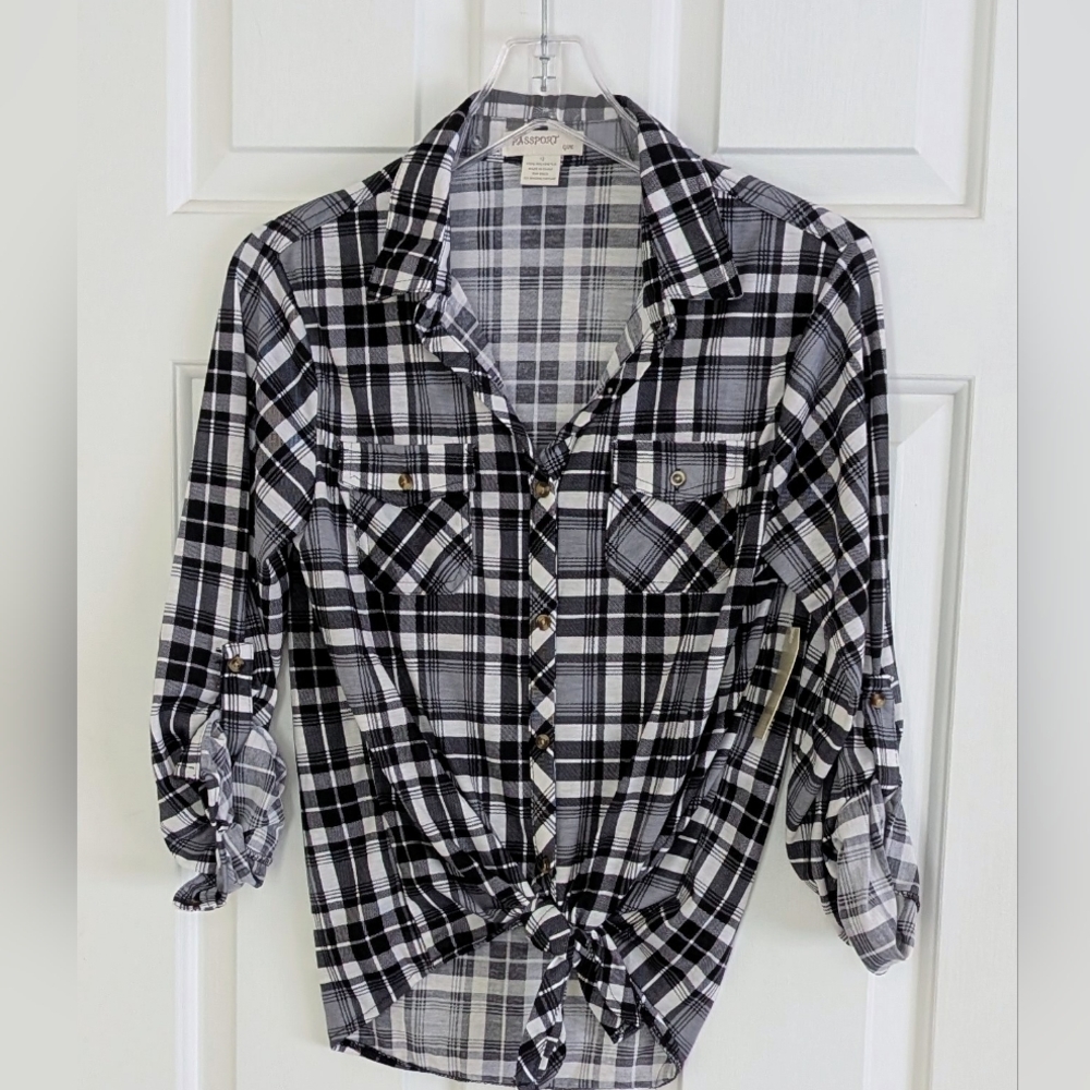 Passport Girls Plaid Button Down Top With Front Tie